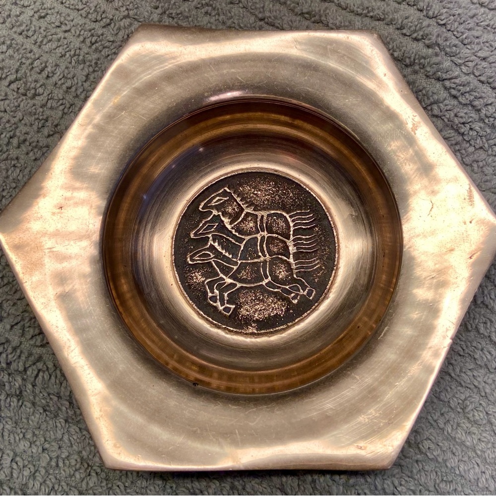 Vintage Artisan Brass Retro Hexagonal Plate or Ashtray with Horse Design